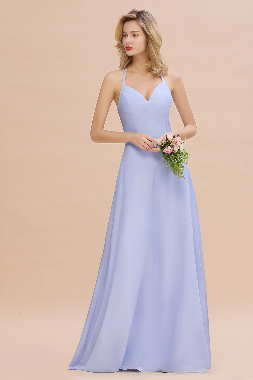 Stylish Chiffon Spaghetti Straps Sleeveless Long Bridesmaid Dress