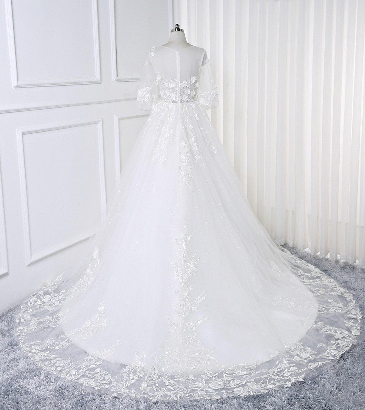 White Long A-line Lace Flowers Half Sleeves Bridal Wedding Dress