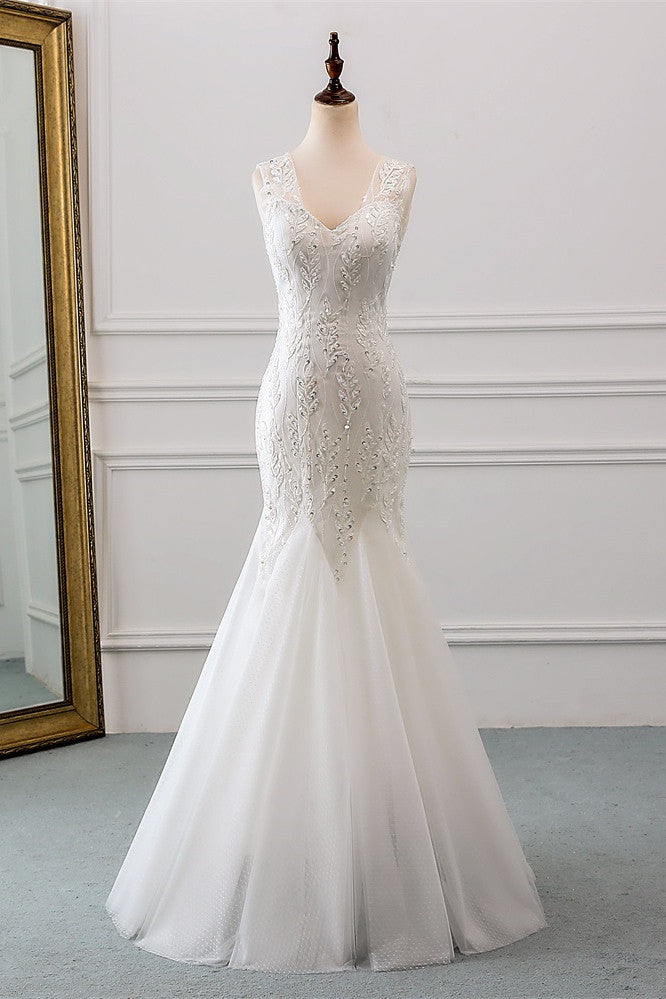 Gorgeous Long Mermaid V-neck Tulle Wedding Dress with Beadings