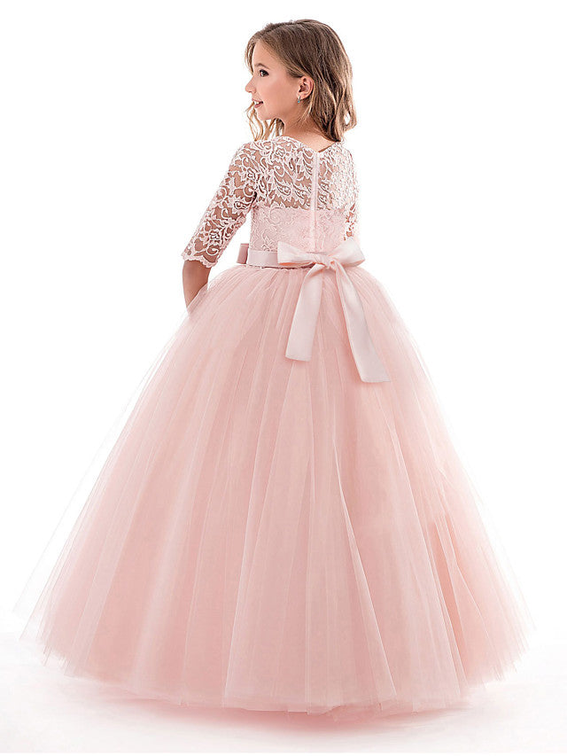 Long Ball Gown Tulle Lace Jewel Neck Flower Girl Dresses with Half Sleeve