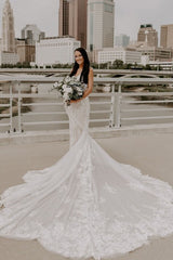 Elegant Long Mermaid V-neck Spaghetti Straps Lace Backless Wedding Dress