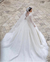 Gorgeous A-Line Deep V-neck Appliques Lace Long Sleeve Train Wedding Dress