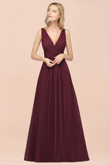 A-Line Chiffon V-Neck Sleeveless Floor Length Bridesmaid Dress with Ruffle