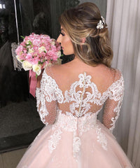 Long Sleeves A-line Off the Shoulder Tulle Floral Lace Appliques Wedding Dress