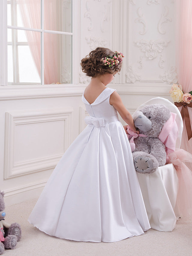 White A-line Satin Flower Girl Dresses Long Christmas Dresses