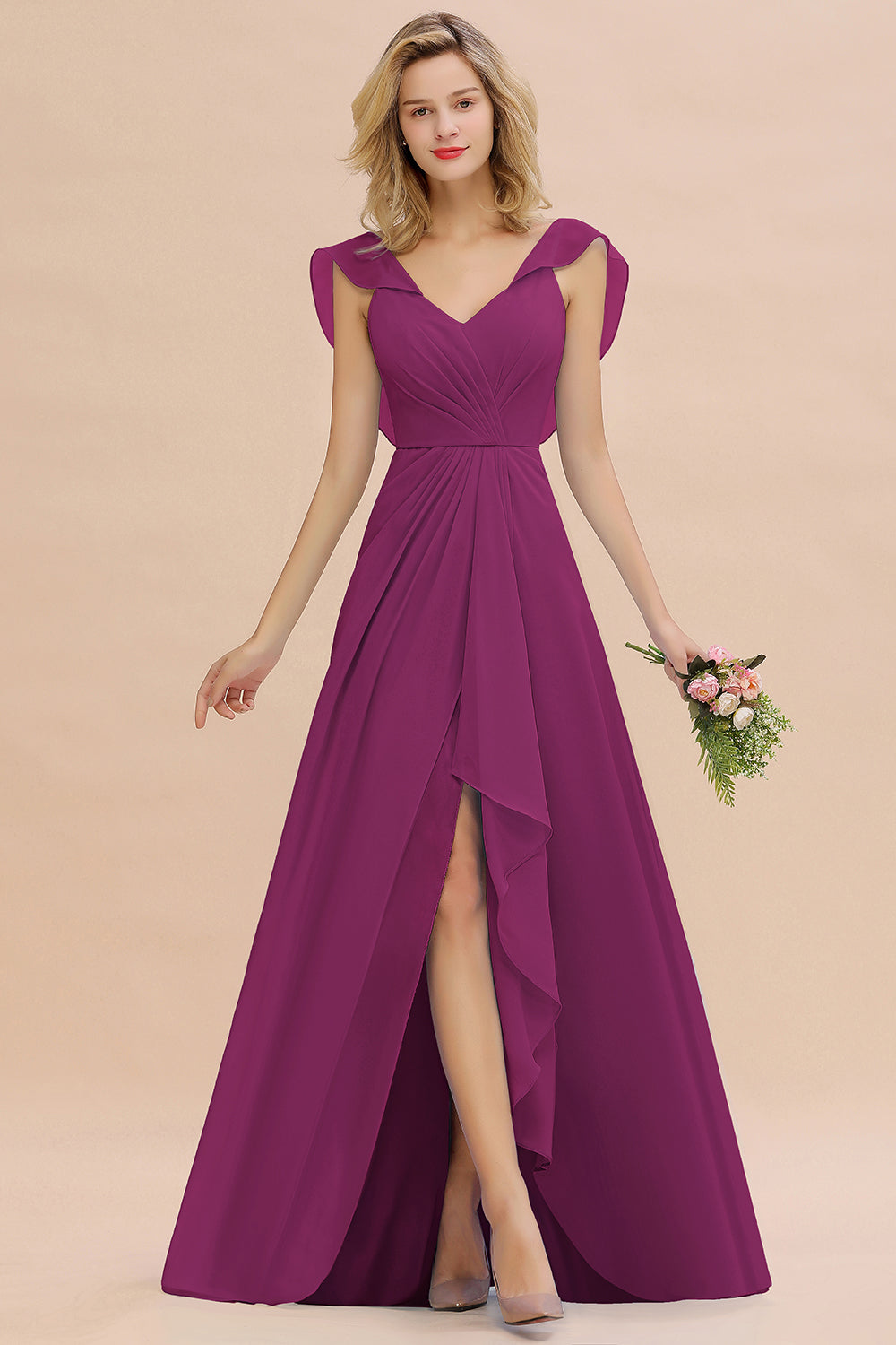 Simple High Low A-line V-Neck Ruffles Chiffon Bridesmaid Dress
