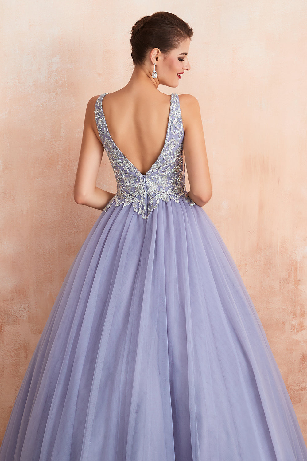 Long Ball Gown V-neck Tulle Lace Prom Dress