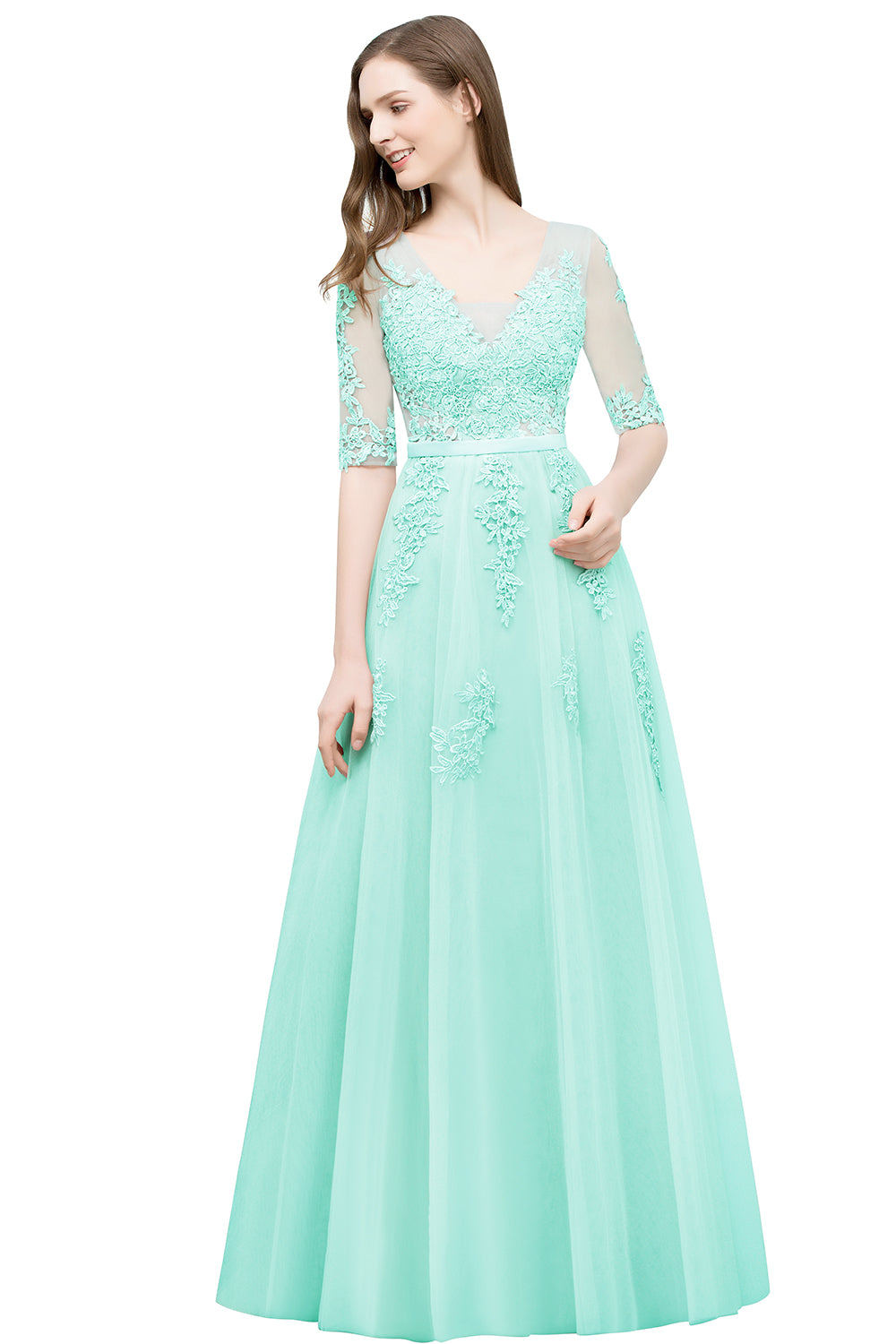 Long V-neck Tulle Lace A-line Evening Dress with Sleeves
