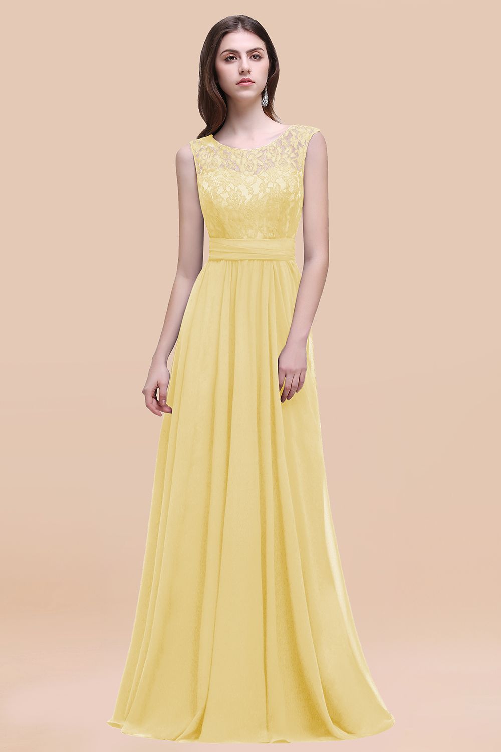 Elegant A-line Chiffon Lace Scoop Sleeveless Floor Length Bridesmaid Dress