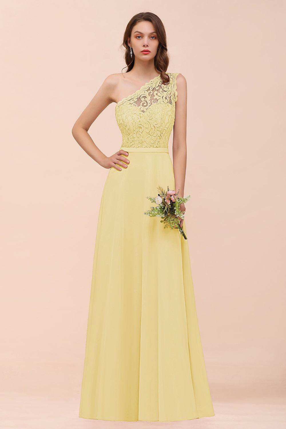 Classy One Shoulder Appliques Lace Floor Length A-Line Chiffon Bridesmaid Dress