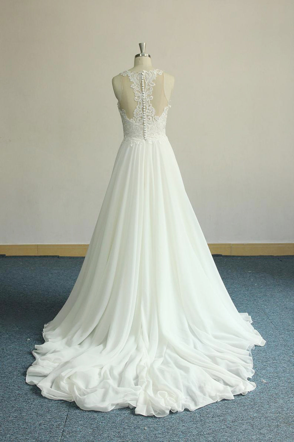 Amazing Long Appliques Lace Chiffon A-line Wedding Dress