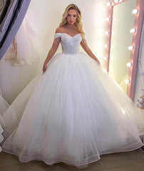 Elegant Long Ball Gown Sequin Off the Shoulder Tulle Wedding Dress