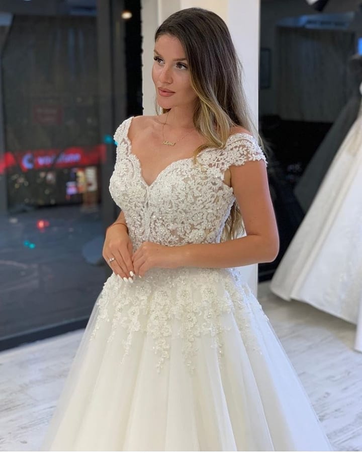 Elegant Long V-neck Wide Straps Appliques Lace Pearl Tulle A-Line Wedding Dress
