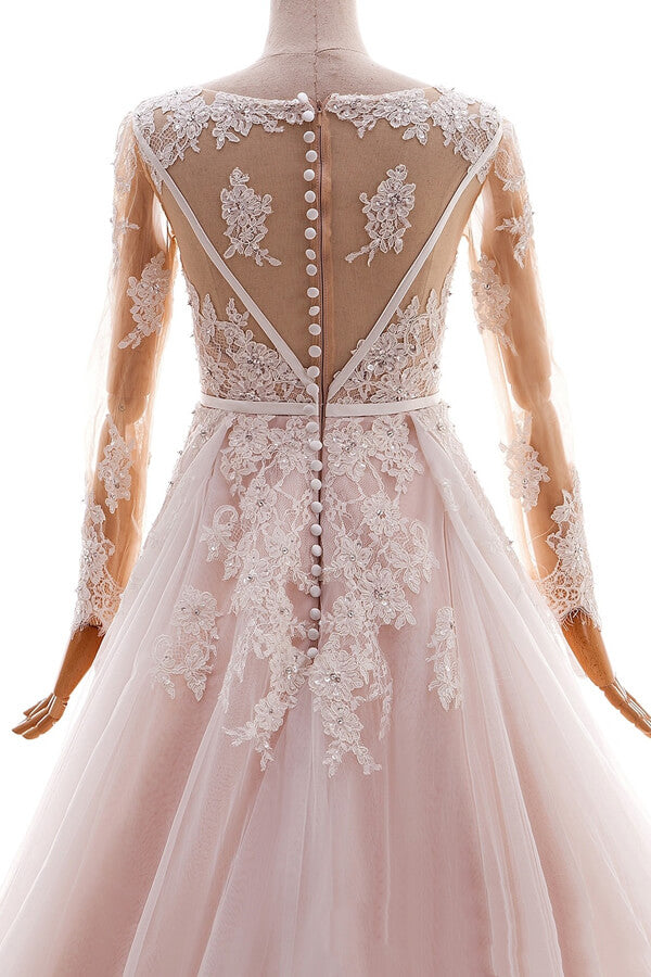 Long Appliques Lace Tulle A-line Wedding Dress with Sleeves