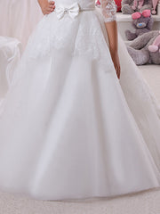 White Long A-line Tulle Lace Flower Girl Dresses with Sleeves