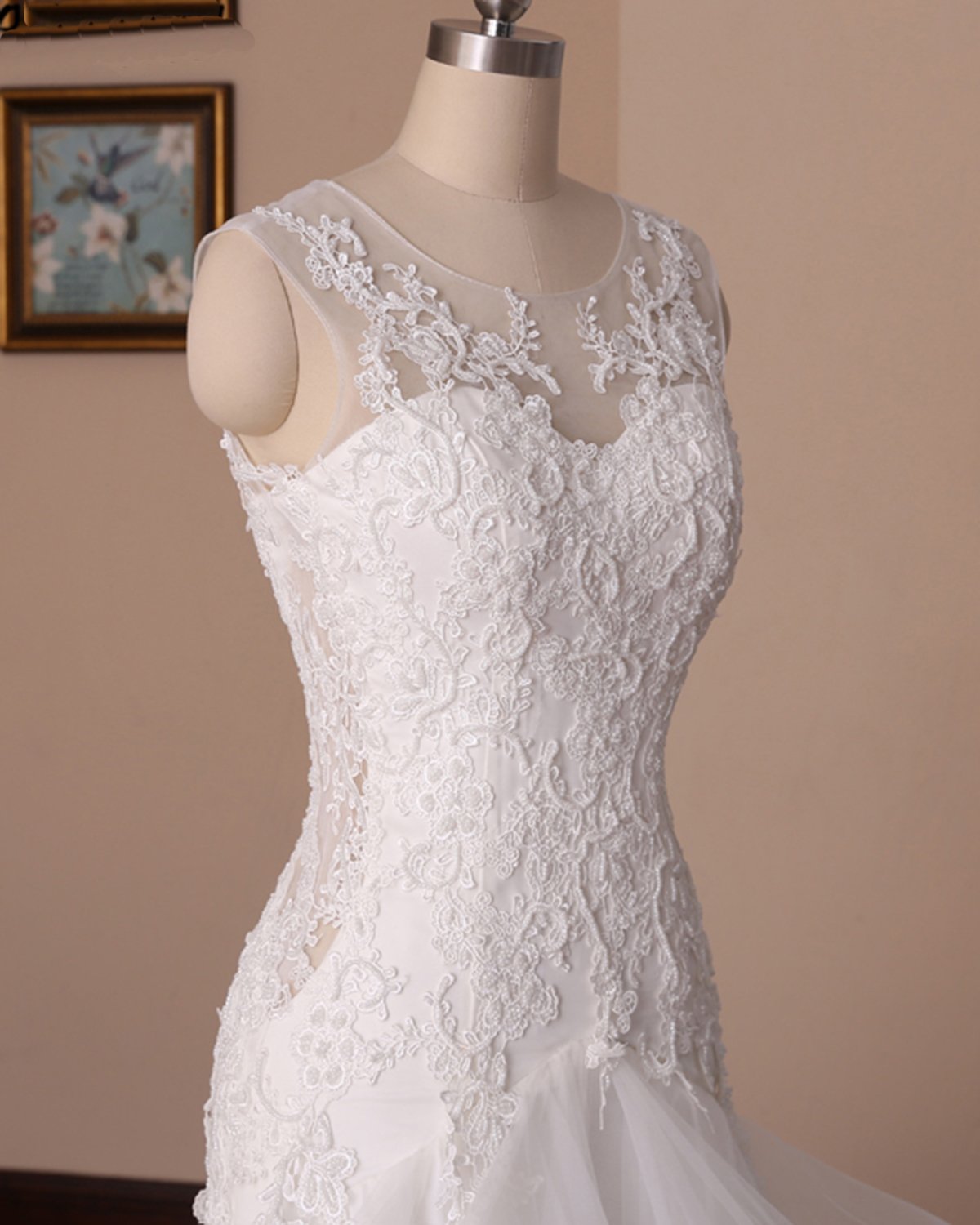 White Mermaid Lace Ruffled Long Tulle Wedding Dress