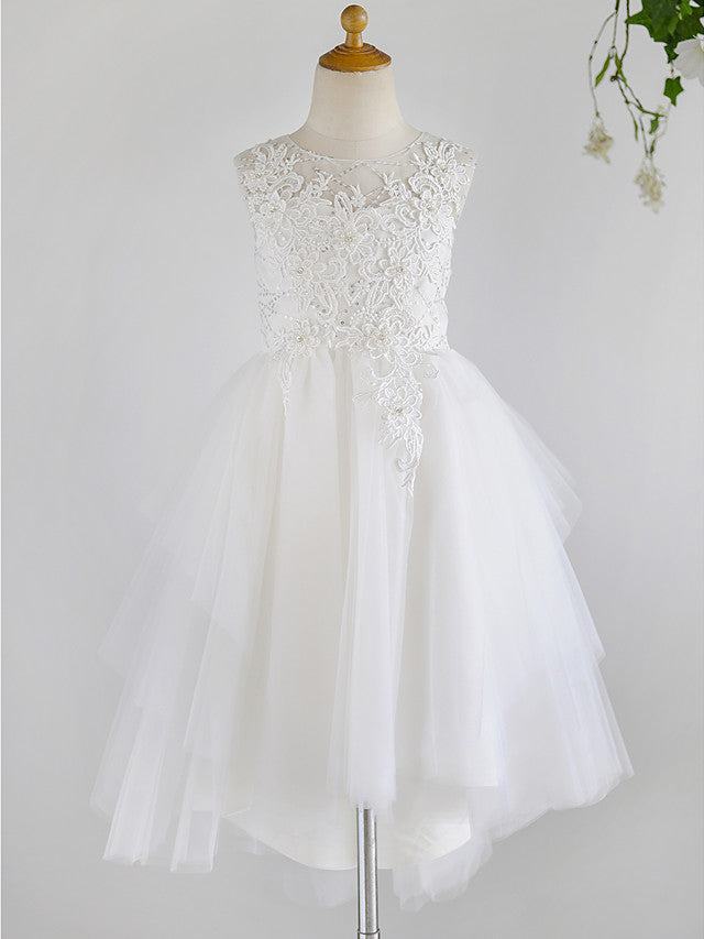 White Ball Gown Tulle Sleeveless Jewel Neck Lace Birthday Flower Girl Dresses