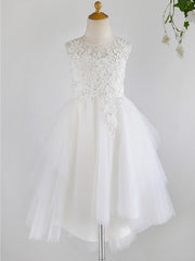 White Ball Gown Tulle Sleeveless Jewel Neck Lace Birthday Flower Girl Dresses