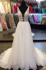 White A-line Lace Deep V Neck Long Halter Wedding Dress