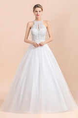 Long Halter Lace Appliques A-line Tulle Sleeveless Wedding Dress