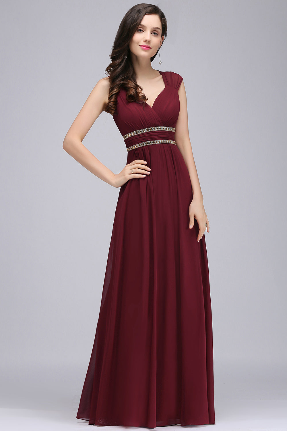 Vintage A-Line Chiffon V-Neck Cap Sleeve Bridesmaid Dresses with Beadings