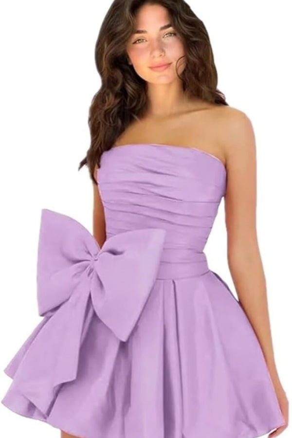 Simple Short A-line Strapless Sleeveless Ruffle Satin Homecoming Dress