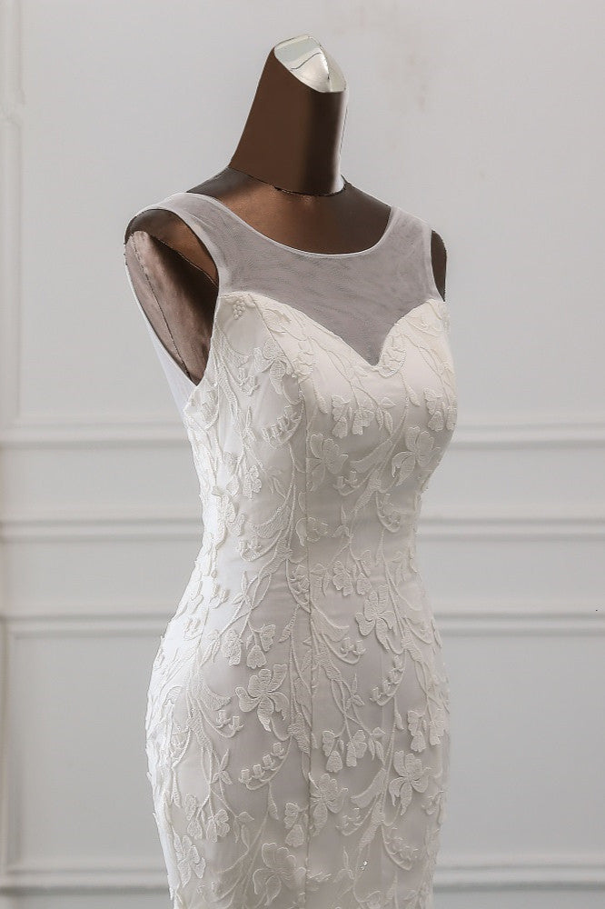 Elegant Long Mermaid Jewel Tulle Backless Wedding Dress with Lace