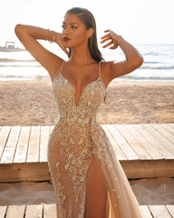 Sexy Long Spaghetti Straps Appliques Lace Mermaid Split Wedding Dress With Side Train