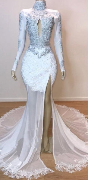 White Long Sleeves Mermaid High Neck Lace Prom Dresses with Slit