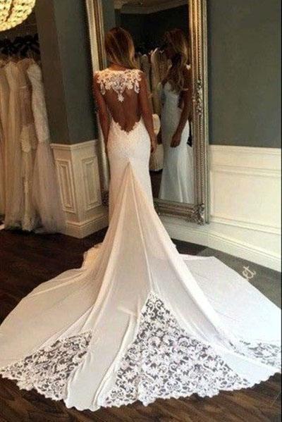 Sexy Long Mermaid Sweetheart Open Back Satin Lace Wedding Dress