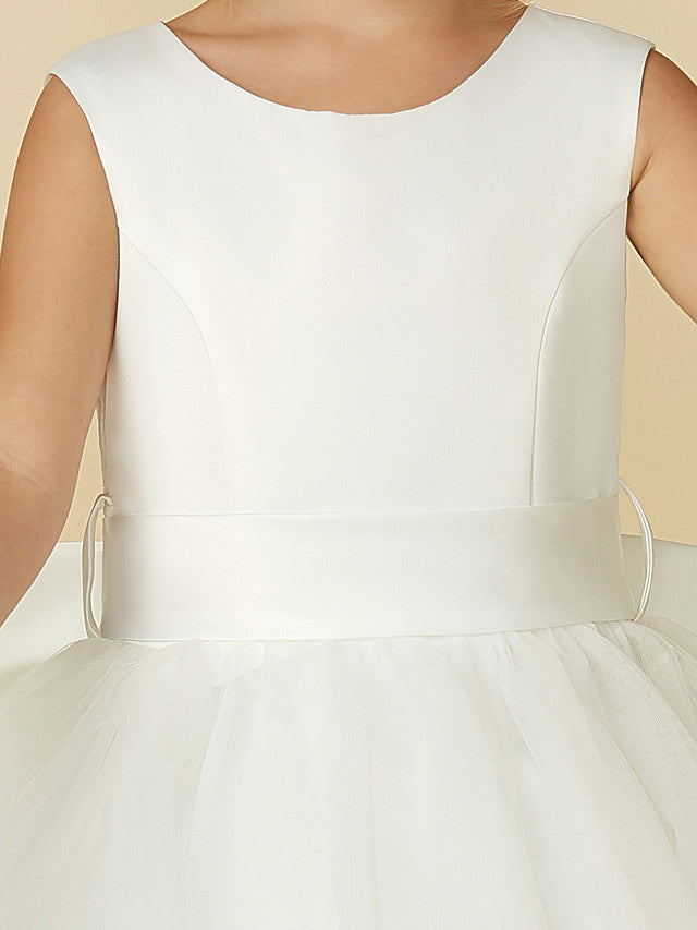 Long A-line Tulle Sleeveless Jewel Neck Satin First Communion Flower Girl Dresses
