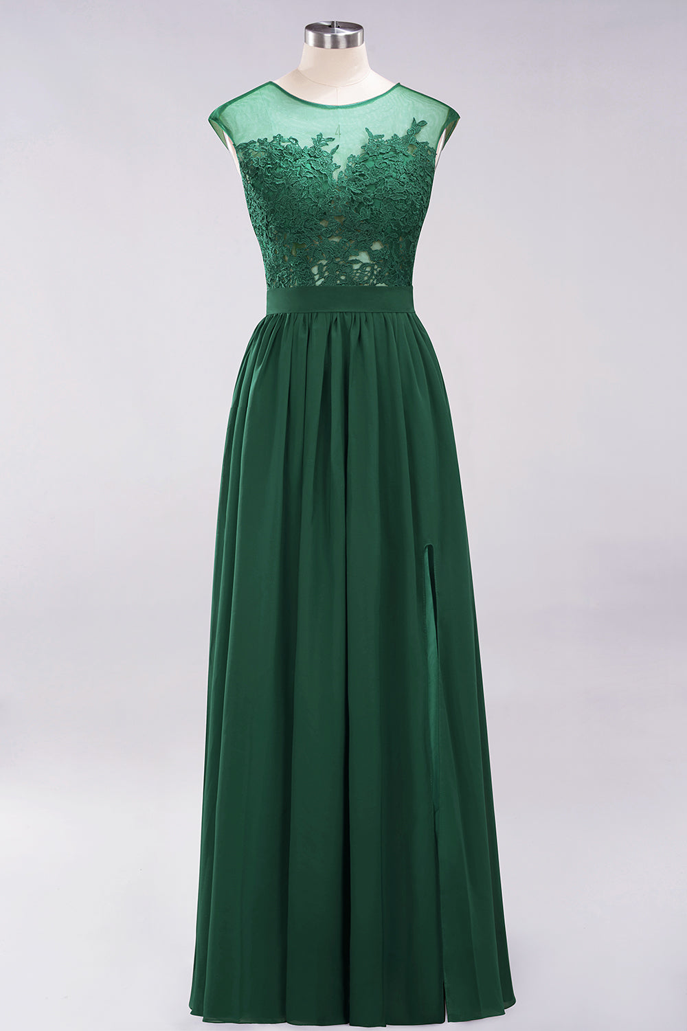A-line Chiffon Lace Jewel Sleeveless Floor Length Bridesmaid Dresses with Appliques