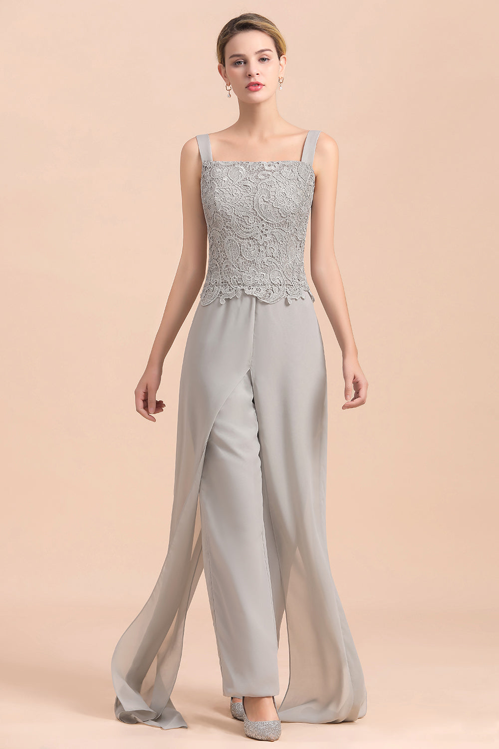 Chic Silver Lace Chiffon Long Sleeves Mother of Bride Jumpsuit With Wrap
