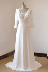 A-line Backless Long Chiffon Beach Wedding Dress with  3/4 Sleeves