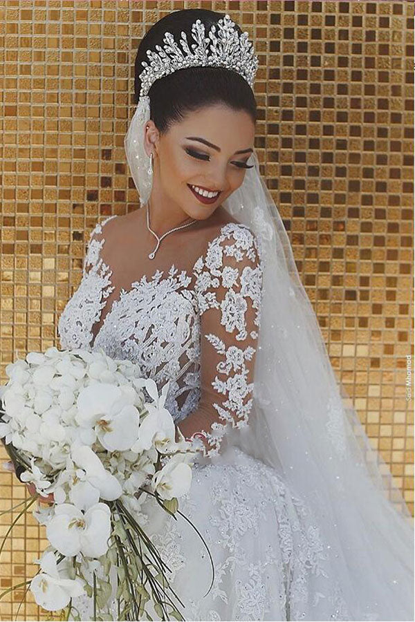 White Long Sweetheart Lace Mermaid Tulle Wedding Dresses with Sleeves