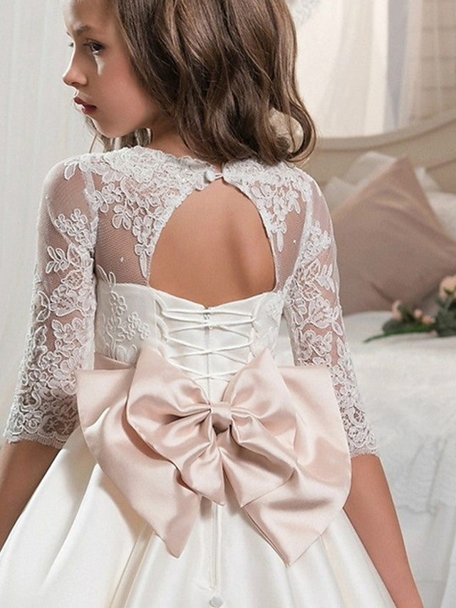 Ivory Long Ball Gown Floor Length Satin Flower Girl Dresses with Sleeves