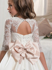 Ivory Long Ball Gown Floor Length Satin Flower Girl Dresses with Sleeves