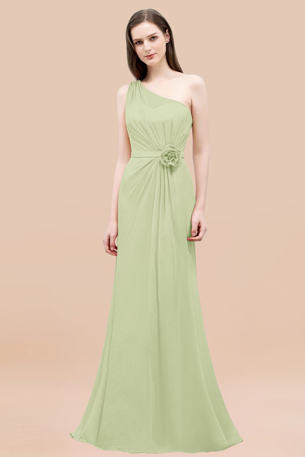 Mermaid Chiffon One Shoulder Sleeveless Ruffled Floor Length Bridesmaid Dresses with Flower