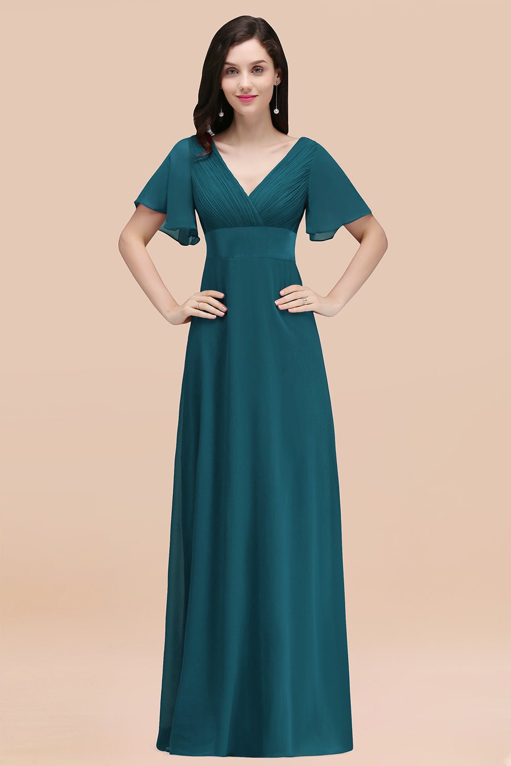 Simple A-Line Chiffon V-Neck Short Sleeves Ruffles Floor Length Bridesmaid Dresses
