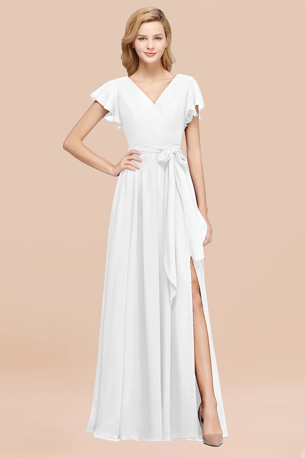 A-line Chiffon V-Neck Short Sleeves Floor Length Bridesmaid Dresses with Bow Sash