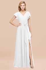 A-line Chiffon V-Neck Short Sleeves Floor Length Bridesmaid Dresses with Bow Sash