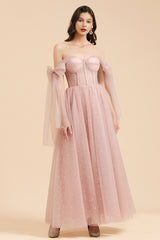 BM2007 A-line Pink Off The Shoulder Bow Tulle Floor Length Bridesmaid Dress