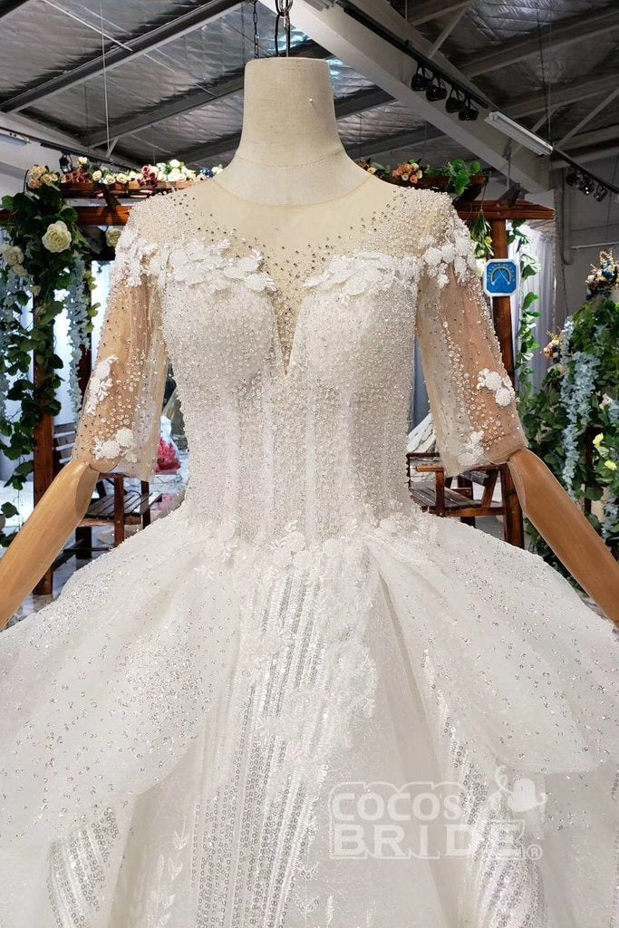 Ball Gown Half Sleeves Lace with Sequins Long Wedding Dress