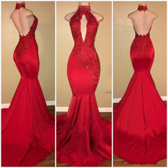 Mermaid Floor Length Halter Keyhole Neckline Satin Long Prom Dresses