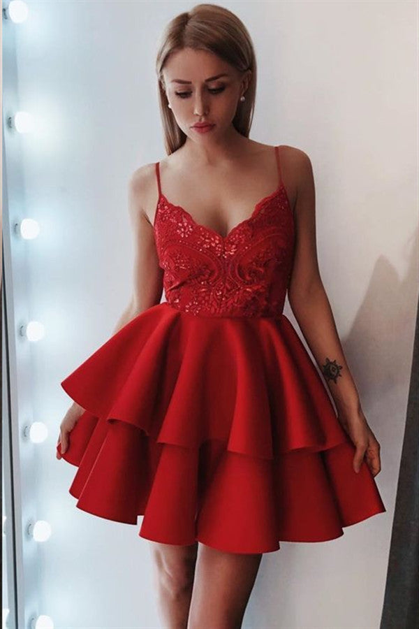 Short A-line Lace Spaghetti Straps Sleeveless Homecoming Dress