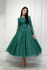 Long Sleeve Crew Neck A Line Tulle Sequin Party Dress