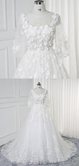 White Long A-line Lace Flowers Half Sleeves Bridal Wedding Dress