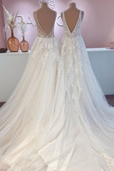 Long Wide Straps Open Back A-Line Tulle Appliques Lace Train Wedding Dress
