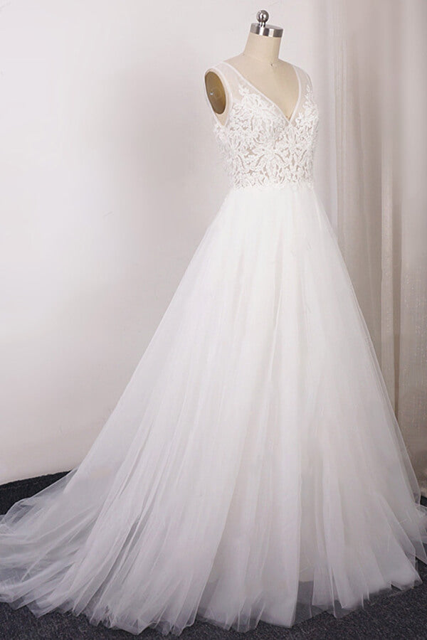 Long V-neck Appliques Lace Tulle A-line Wedding Dress