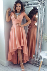 High Low A-line V-neck Satin Prom Dresses